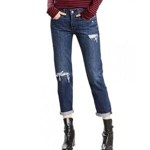 Levis 501 T Taper Fit Jeans Womens Blue Button Fly Distressed Size 28x28 (32x28)